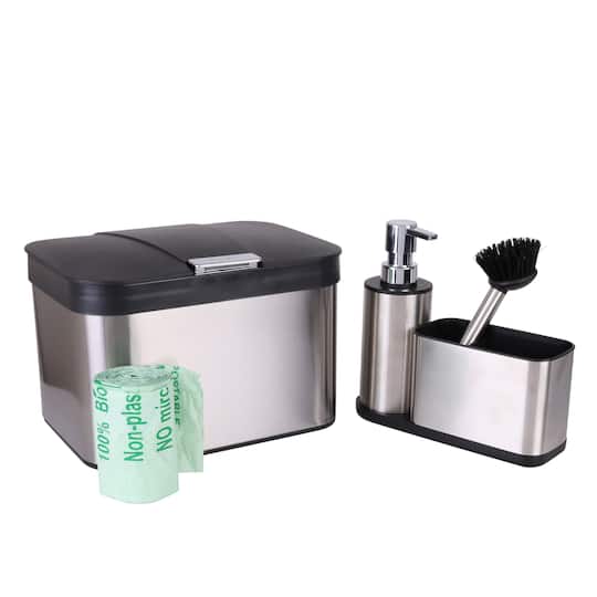 Organize It All Stainless Steel Compost Bin with Bonus Biodegradable Bags, Sink Organizer & Scrub Brush